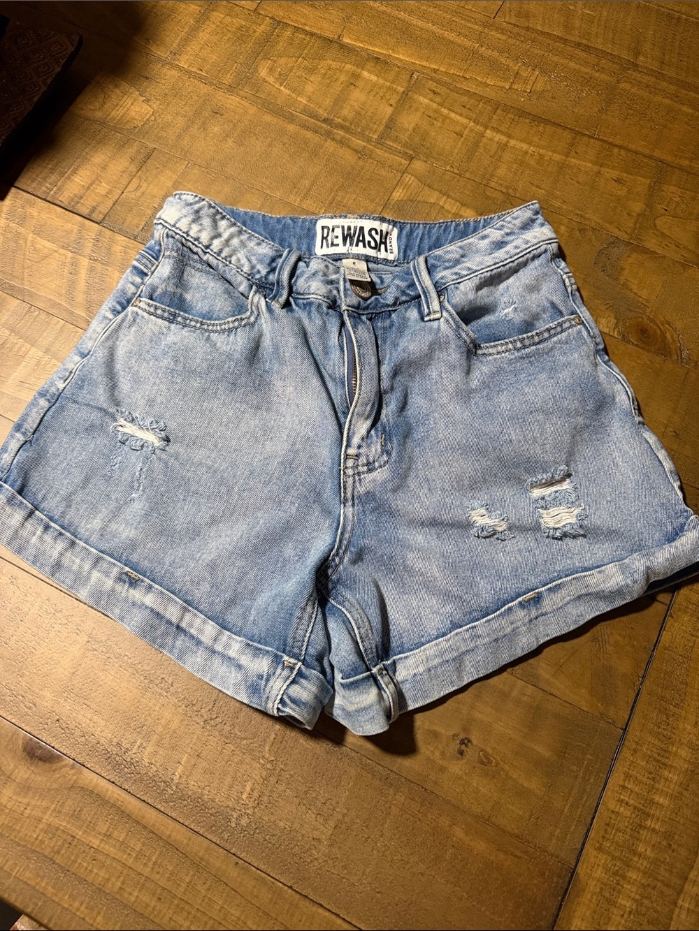 Rewash Light Blue High-Waist Distressed Denim Shorts